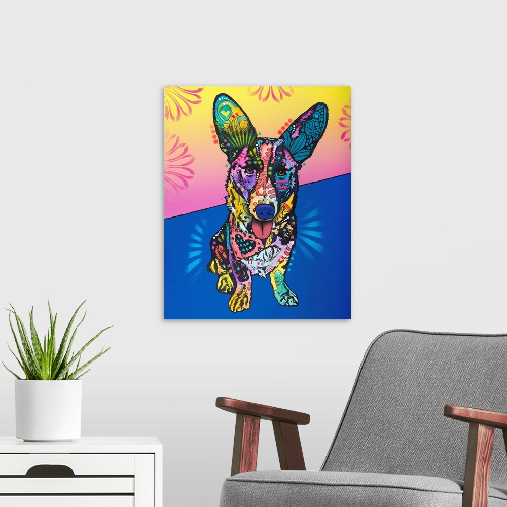 A modern room featuring Pop art style painting of a dog wearing a bandanna and colorful abstract designs on a blue, pink,...