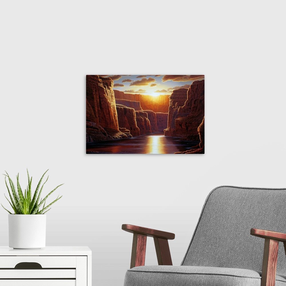 A modern room featuring Contemporary landscape painting of the Grand Canyon at sunrise.
