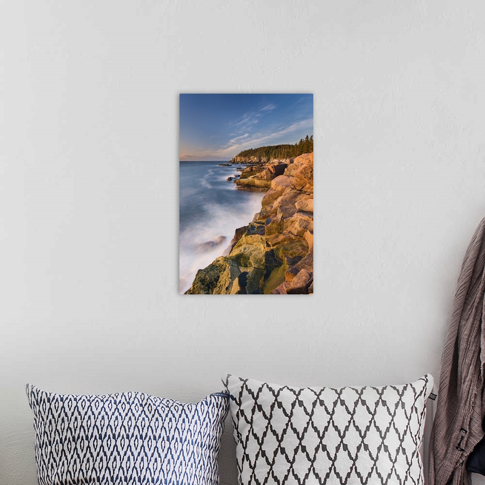 A bohemian room featuring Photograph of rocky coast with dense forest above.