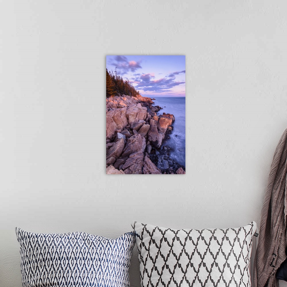 A bohemian room featuring Photograph of a rocky coastline with beautiful lighting from the morning sunrise.