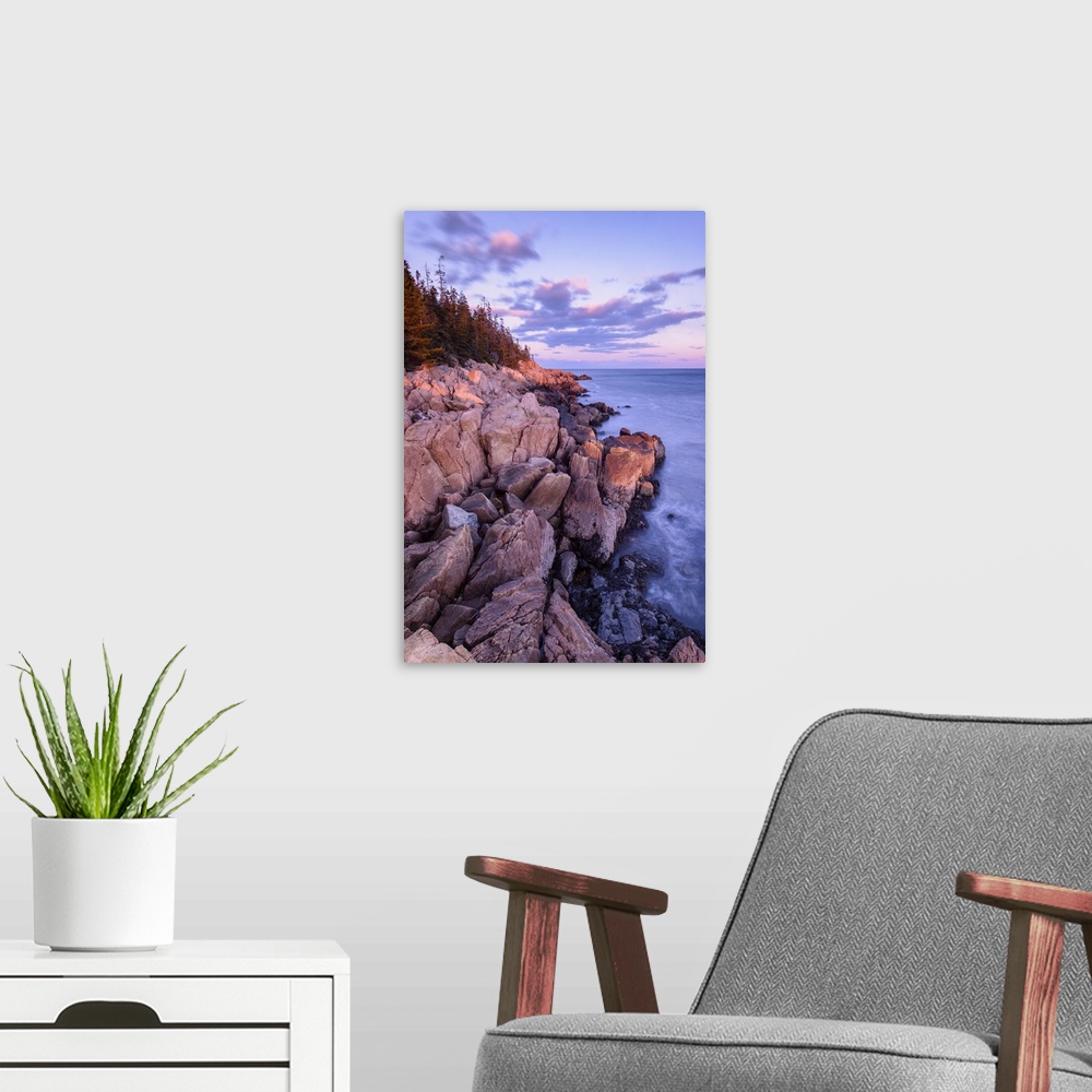 A modern room featuring Photograph of a rocky coastline with beautiful lighting from the morning sunrise.