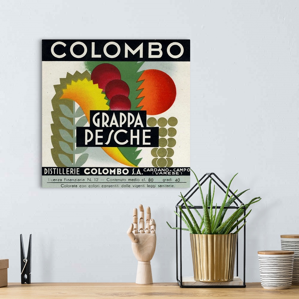A bohemian room featuring Vintage poster advertisement for Grappa Pesche.