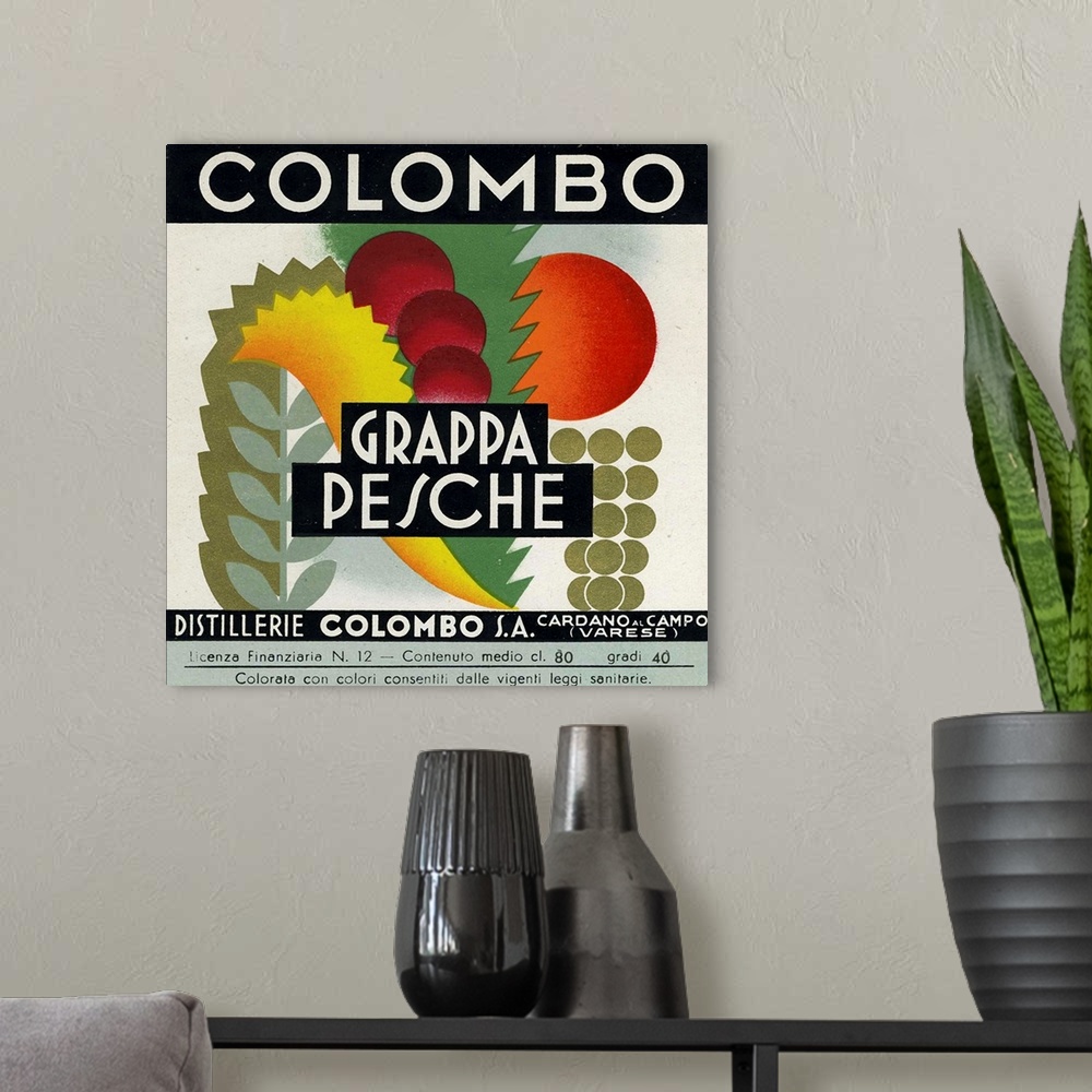 A modern room featuring Vintage poster advertisement for Grappa Pesche.
