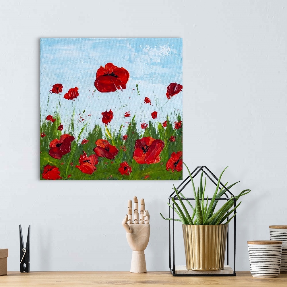 A bohemian room featuring Red poppy flowers in a field original painting by contemporary artist Melissa McKinnon, poppy, po...