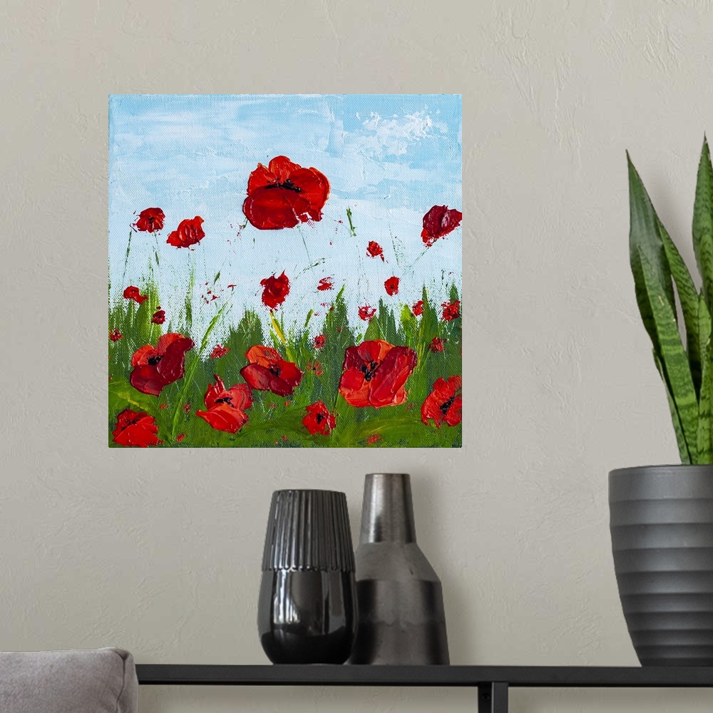A modern room featuring Red poppy flowers in a field original painting by contemporary artist Melissa McKinnon, poppy, po...