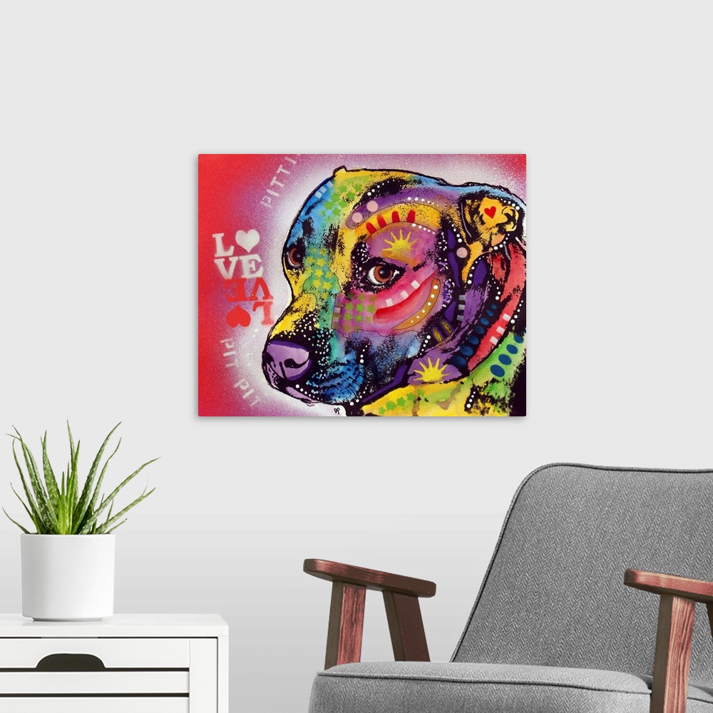 A modern room featuring Gratitude Pit Bull Pittie Love
