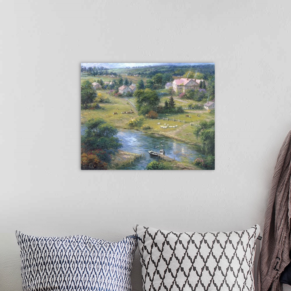 A bohemian room featuring Contemporary painting of an idyllic countryside scene.