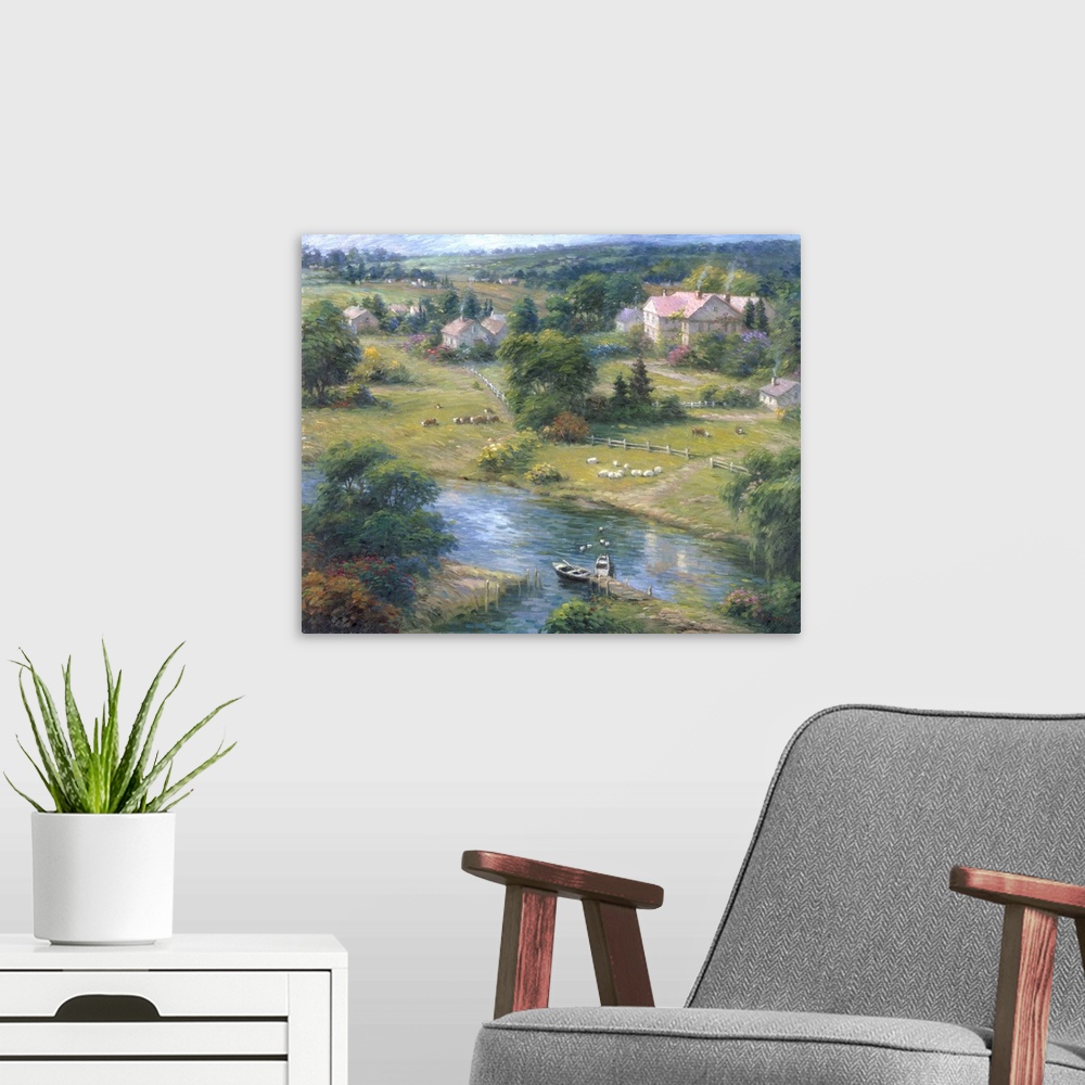 A modern room featuring Contemporary painting of an idyllic countryside scene.