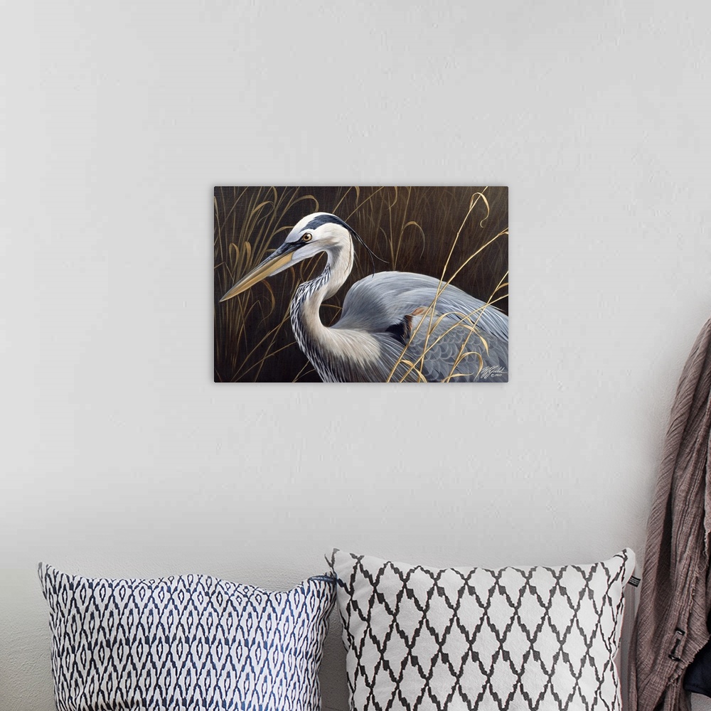 A bohemian room featuring Great blue heron in the grasses.