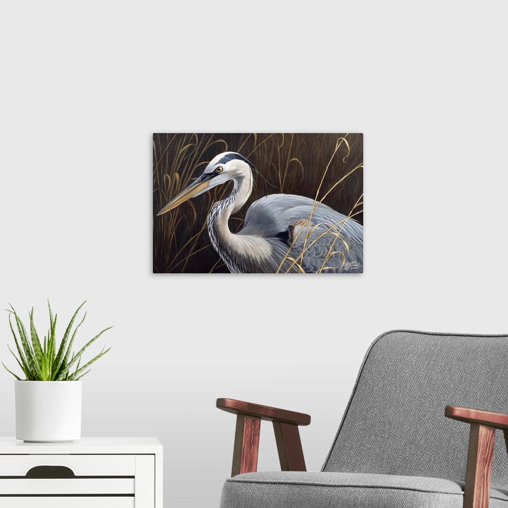 A modern room featuring Great blue heron in the grasses.