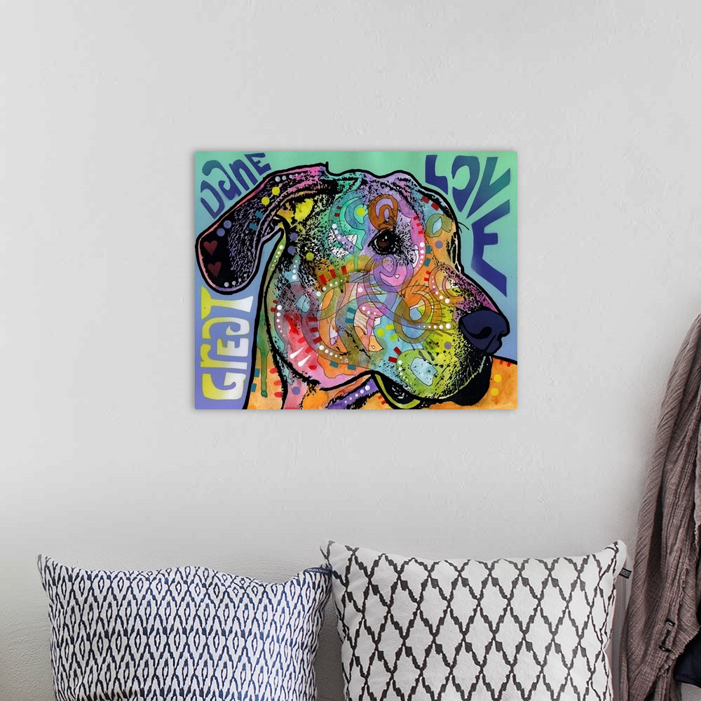 A bohemian room featuring "Great Dane Love" written around a colorful painting of a Great Dane with abstract markings.
