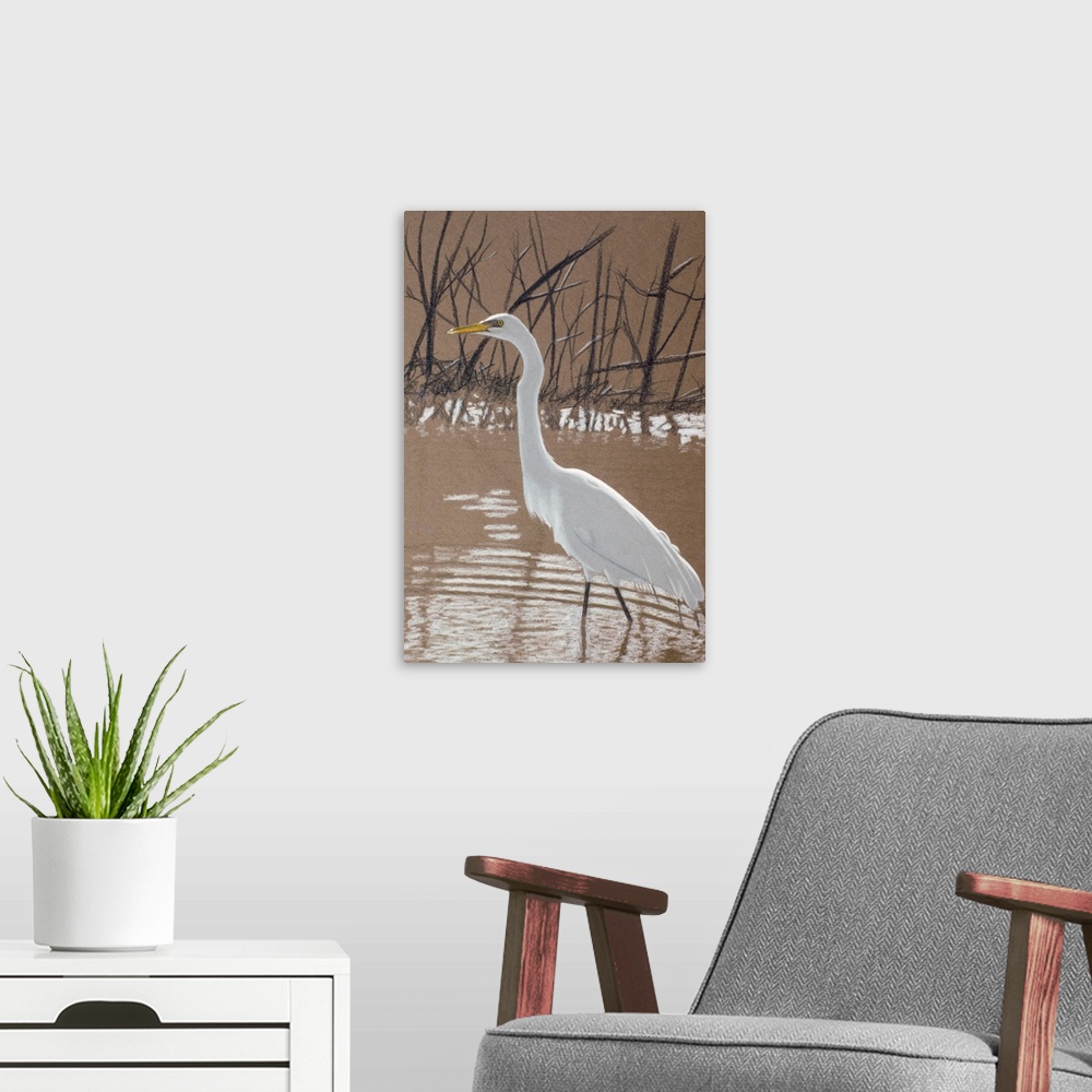 A modern room featuring An egret standing in the water