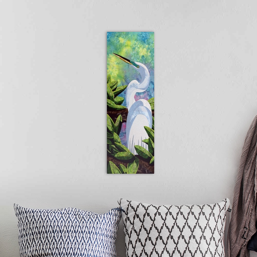 A bohemian room featuring Contemporary colorful fabric art of a great egret.
