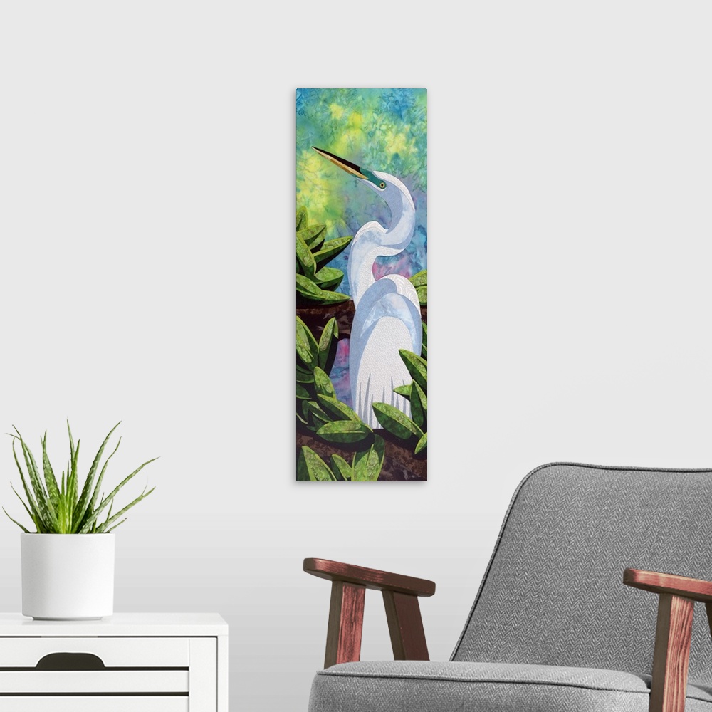 A modern room featuring Contemporary colorful fabric art of a great egret.