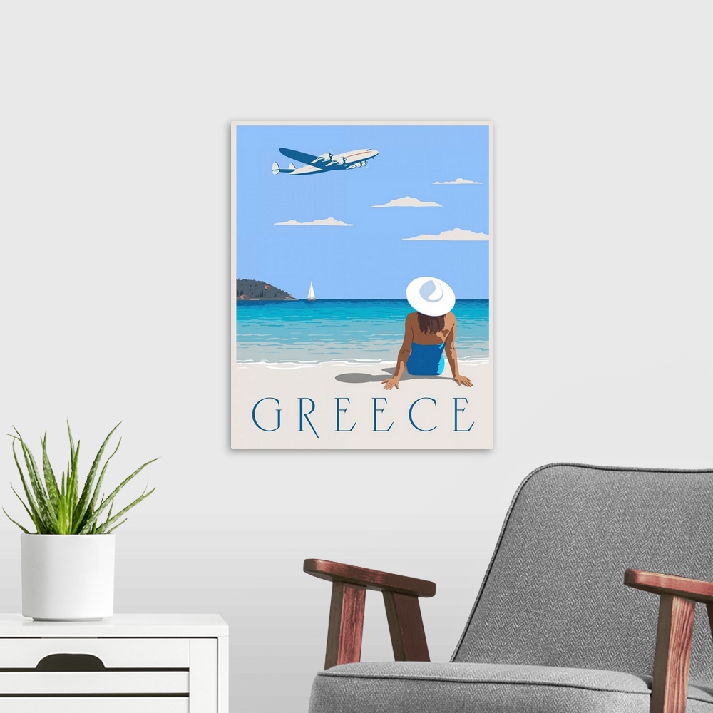 A modern room featuring Retro minimalist travel poster art.