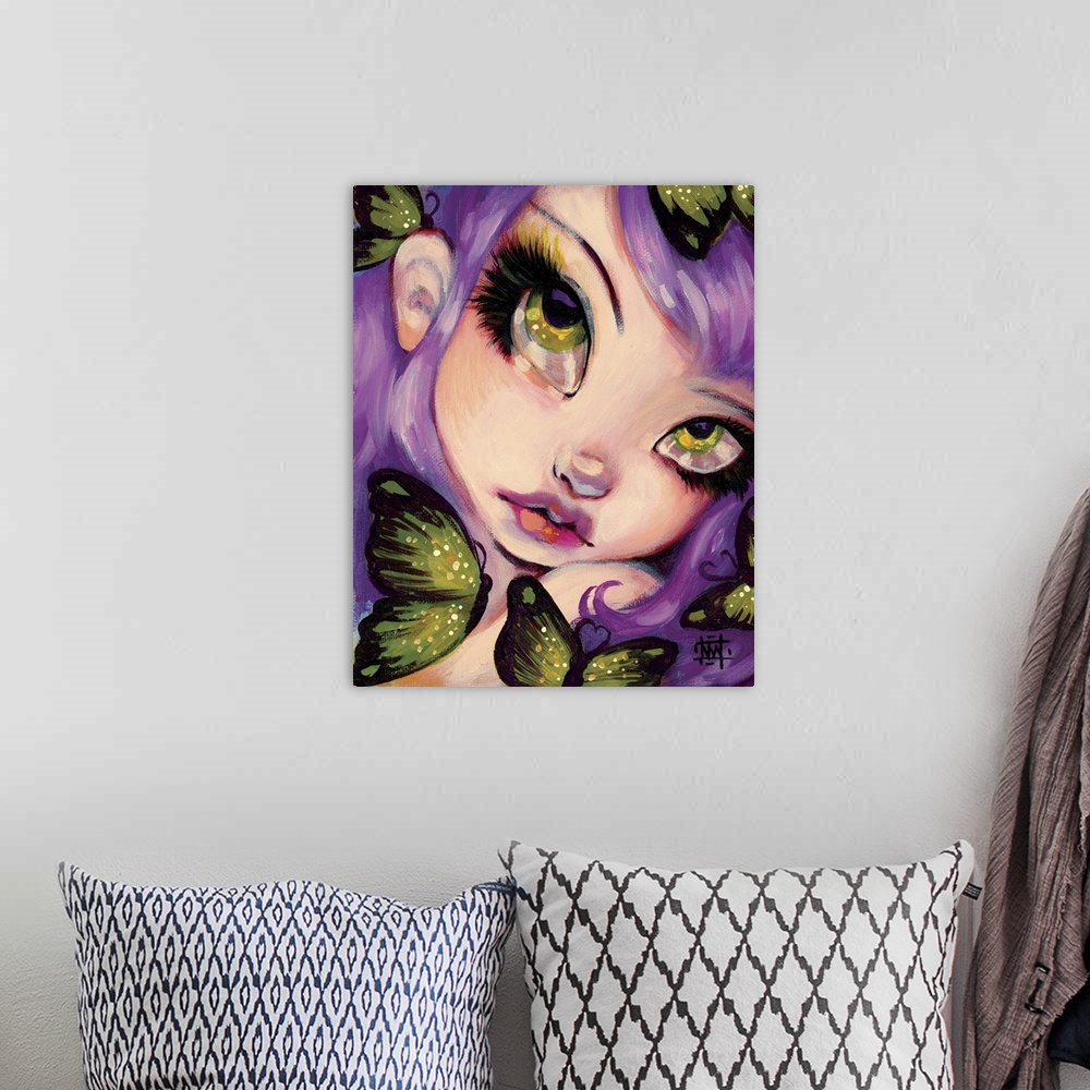 A bohemian room featuring Fantasy painting of a woman with large eyes, violet hair, and butterflies.