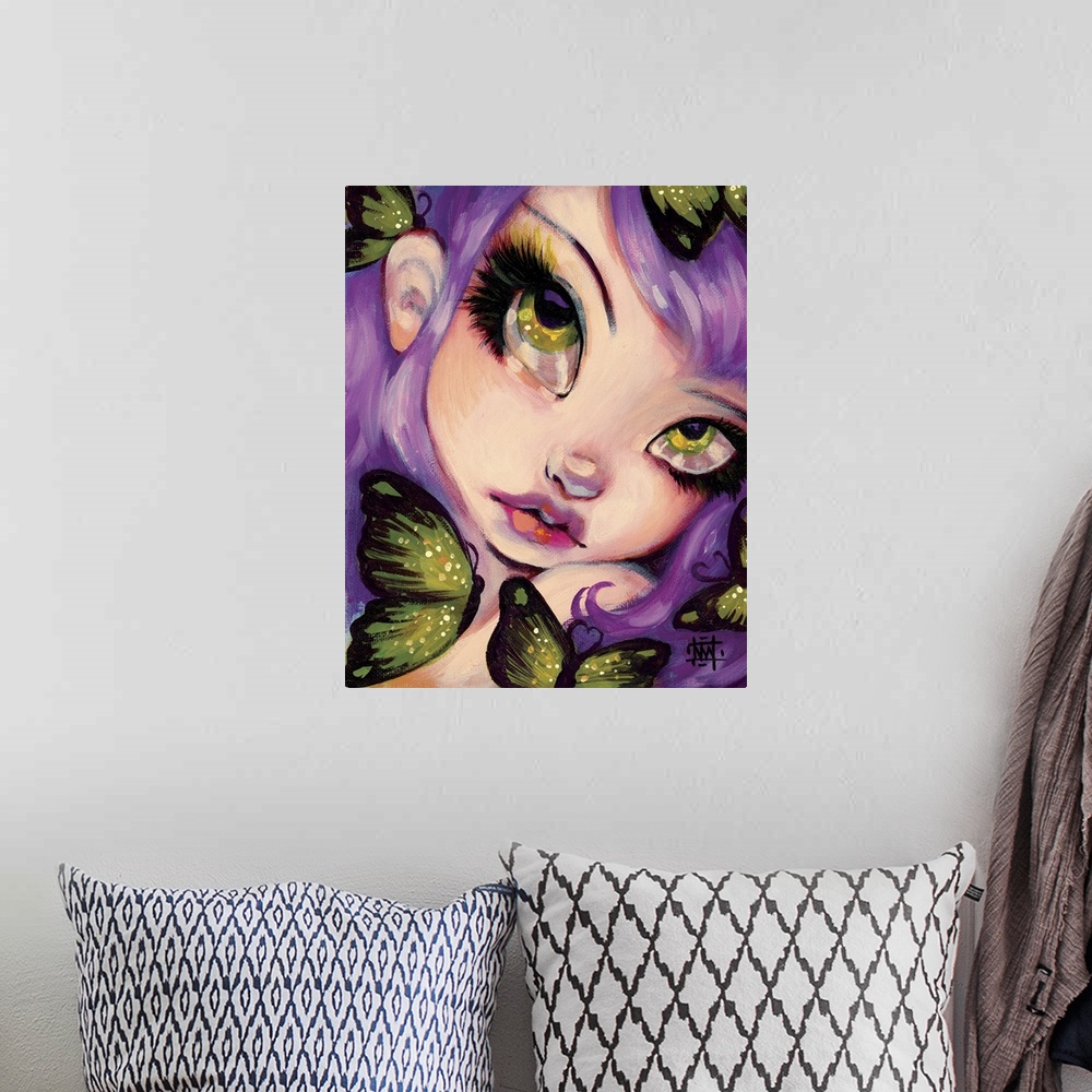 A bohemian room featuring Fantasy painting of a woman with large eyes, violet hair, and butterflies.
