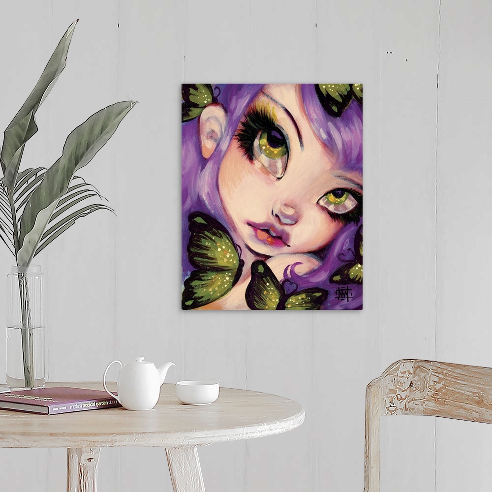 A farmhouse room featuring Fantasy painting of a woman with large eyes, violet hair, and butterflies.