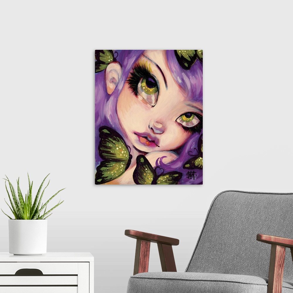 A modern room featuring Fantasy painting of a woman with large eyes, violet hair, and butterflies.