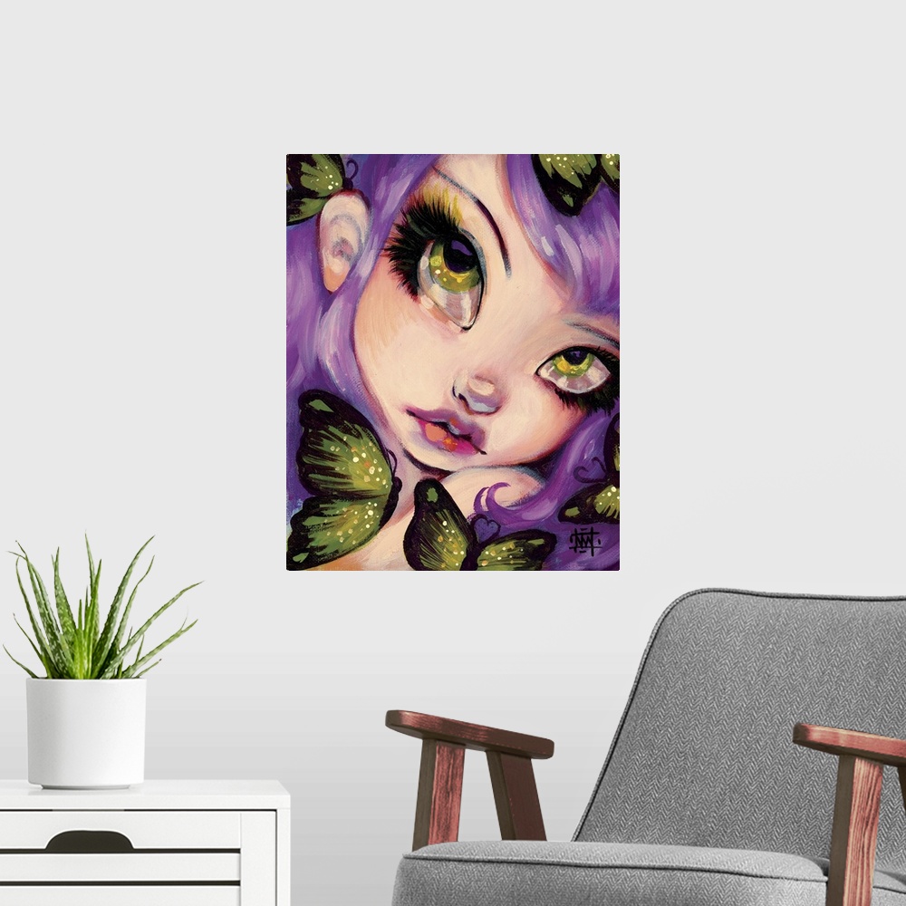 A modern room featuring Fantasy painting of a woman with large eyes, violet hair, and butterflies.