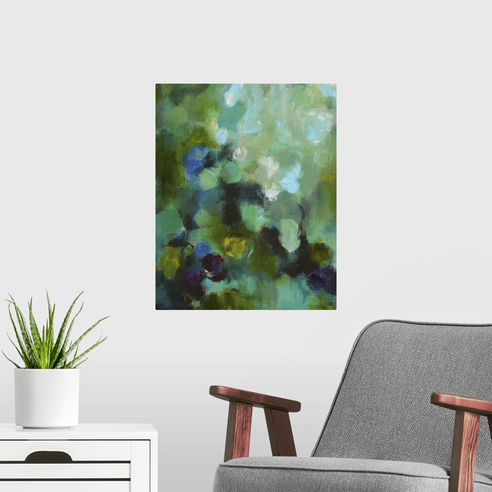 A modern room featuring Aqua toned abstract painting, reminiscent of a pond or garden.