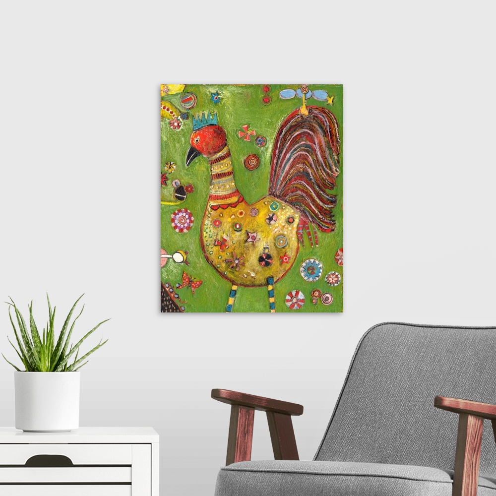 A modern room featuring Lighthearted contemporary painting of a rooster against a green background.