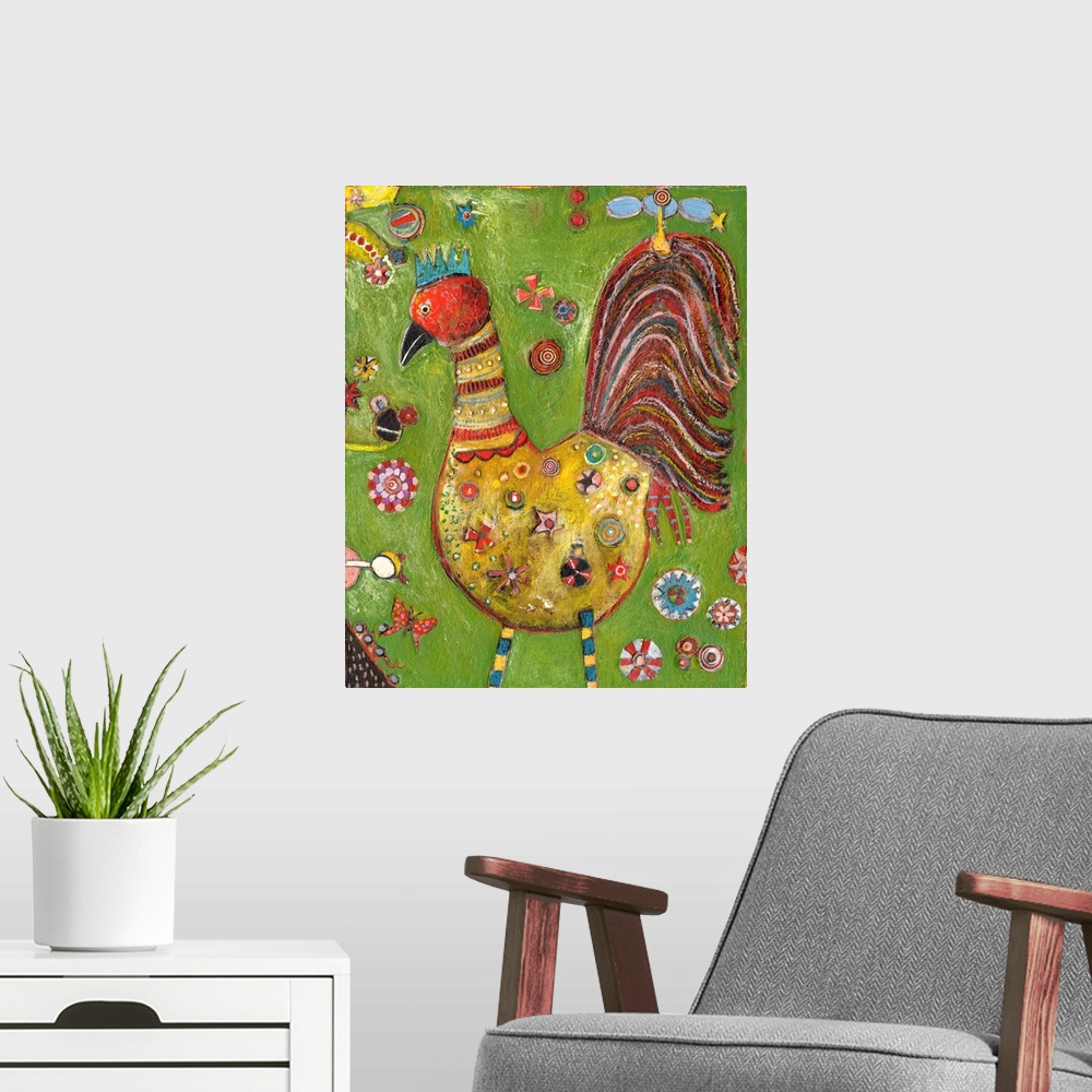 A modern room featuring Lighthearted contemporary painting of a rooster against a green background.