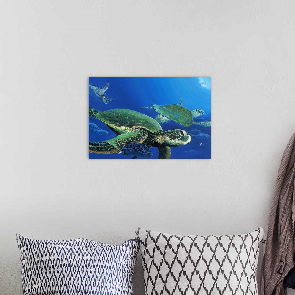A bohemian room featuring Contemporary painting of sea turtles seen swimming under water.