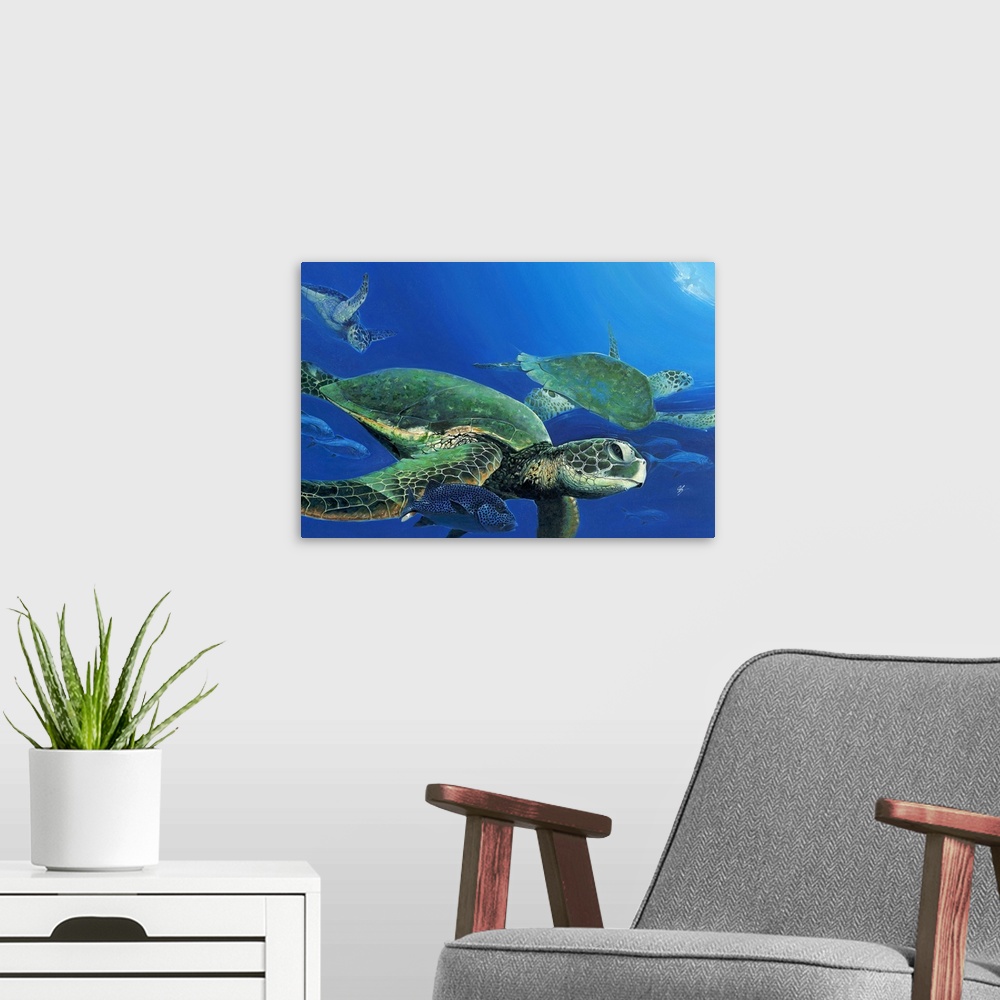A modern room featuring Contemporary painting of sea turtles seen swimming under water.