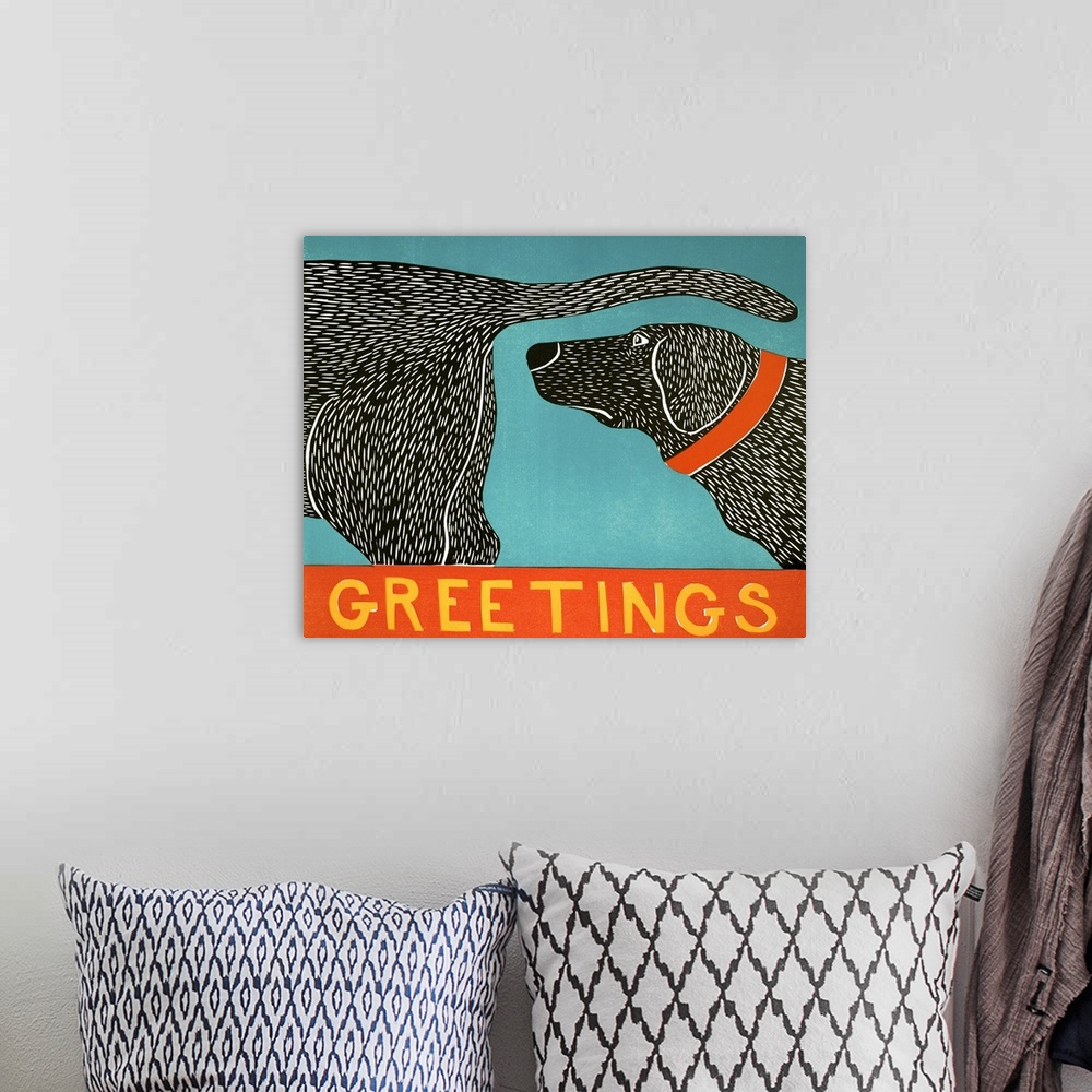 A bohemian room featuring Illustration of a black lab sniffing another black lab's behind with the word "Greetings" written...