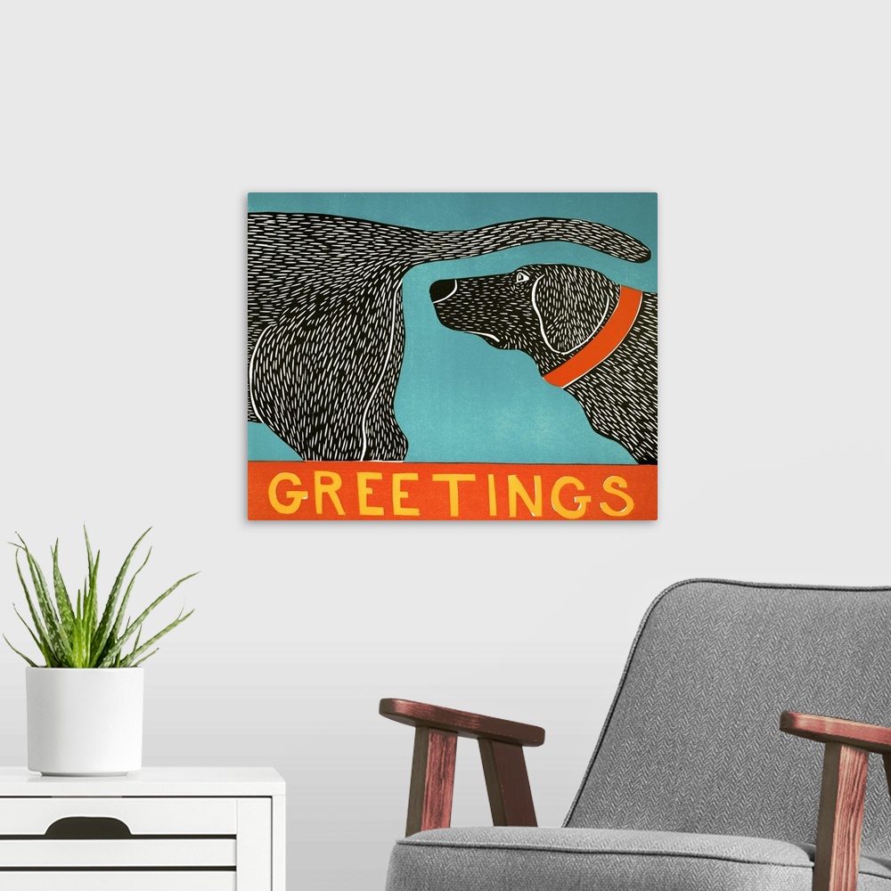 A modern room featuring Illustration of a black lab sniffing another black lab's behind with the word "Greetings" written...