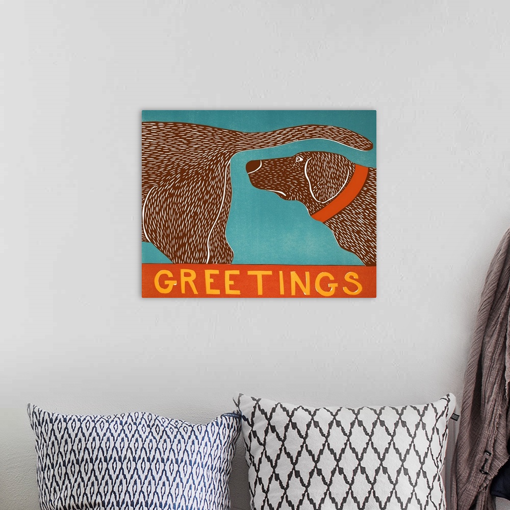 A bohemian room featuring Illustration of a chocolate lab sniffing another chocolate lab's behind with the word "Greetings"...