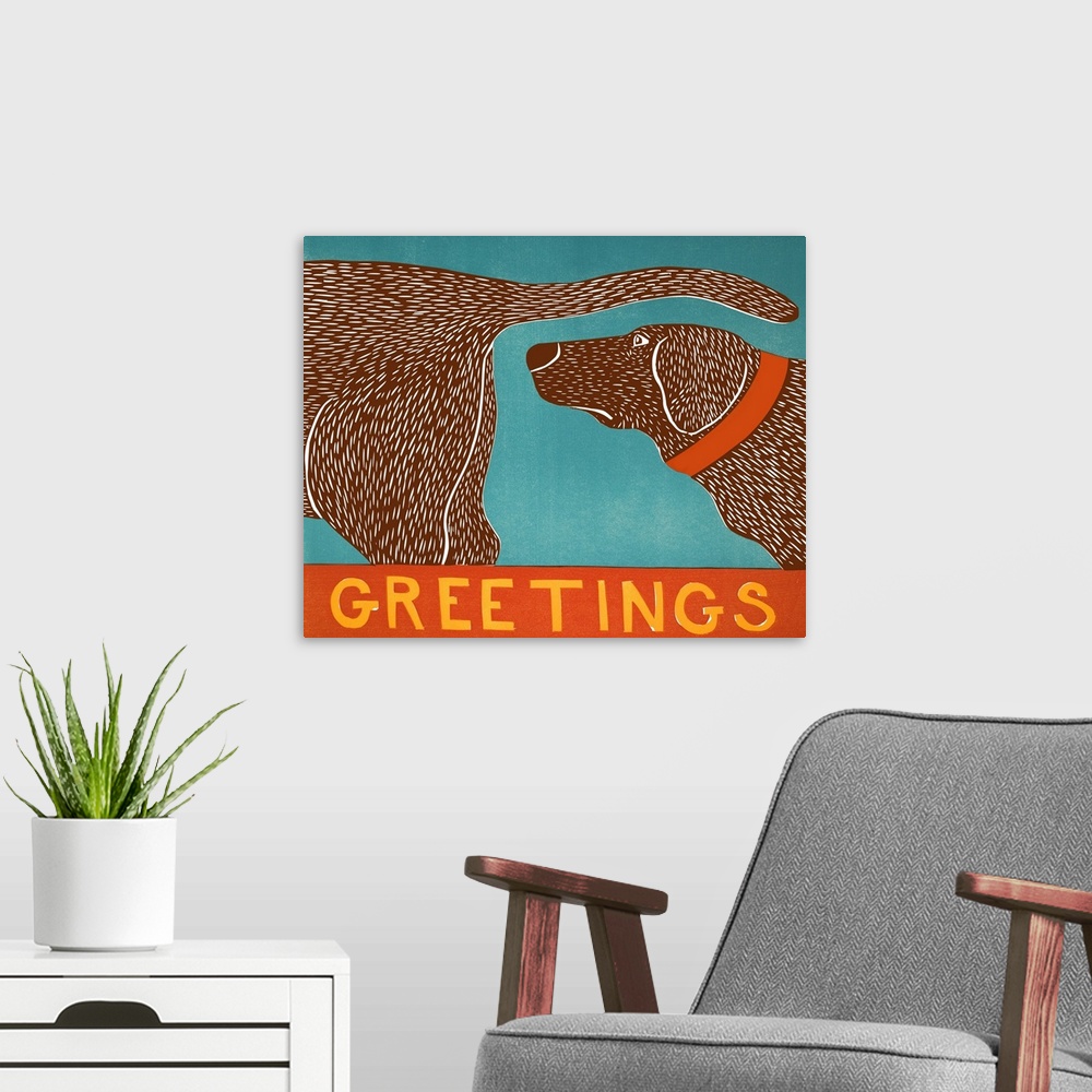 A modern room featuring Illustration of a chocolate lab sniffing another chocolate lab's behind with the word "Greetings"...