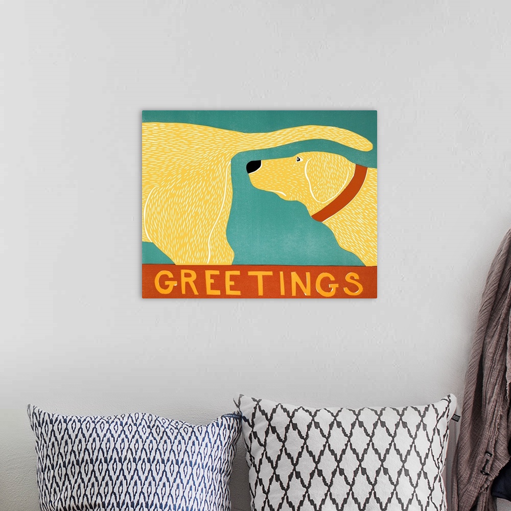 A bohemian room featuring Illustration of a yellow lab sniffing another yellow lab's behind with the word "Greetings" writt...