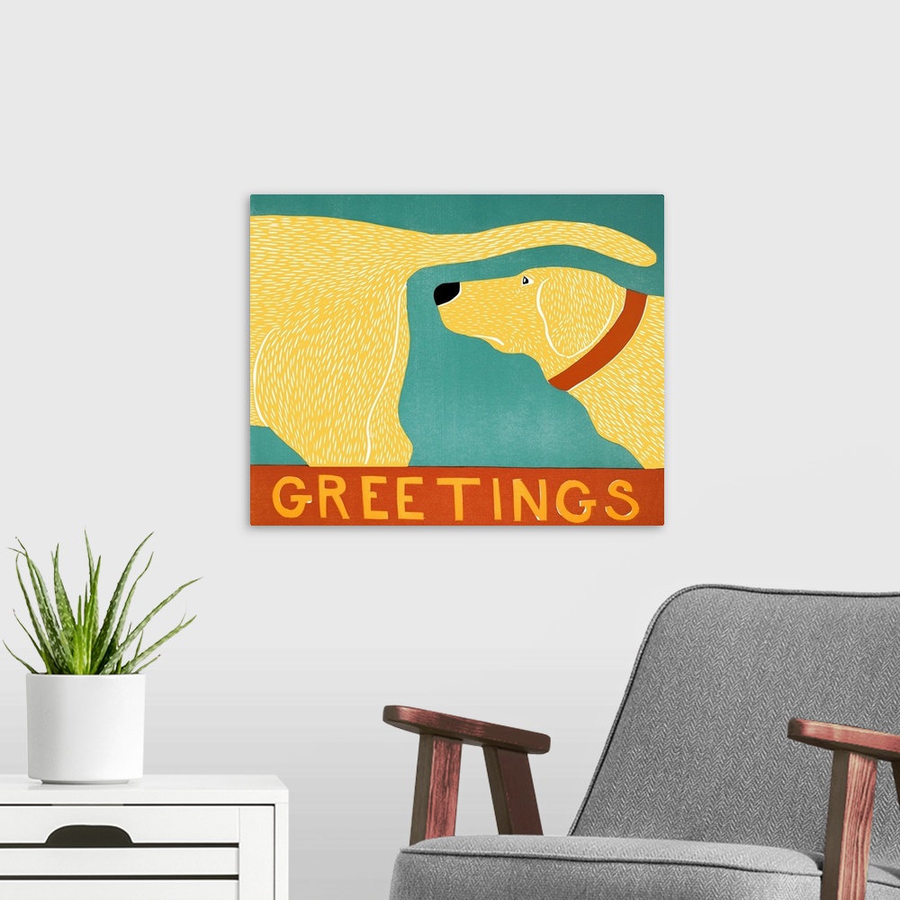 A modern room featuring Illustration of a yellow lab sniffing another yellow lab's behind with the word "Greetings" writt...