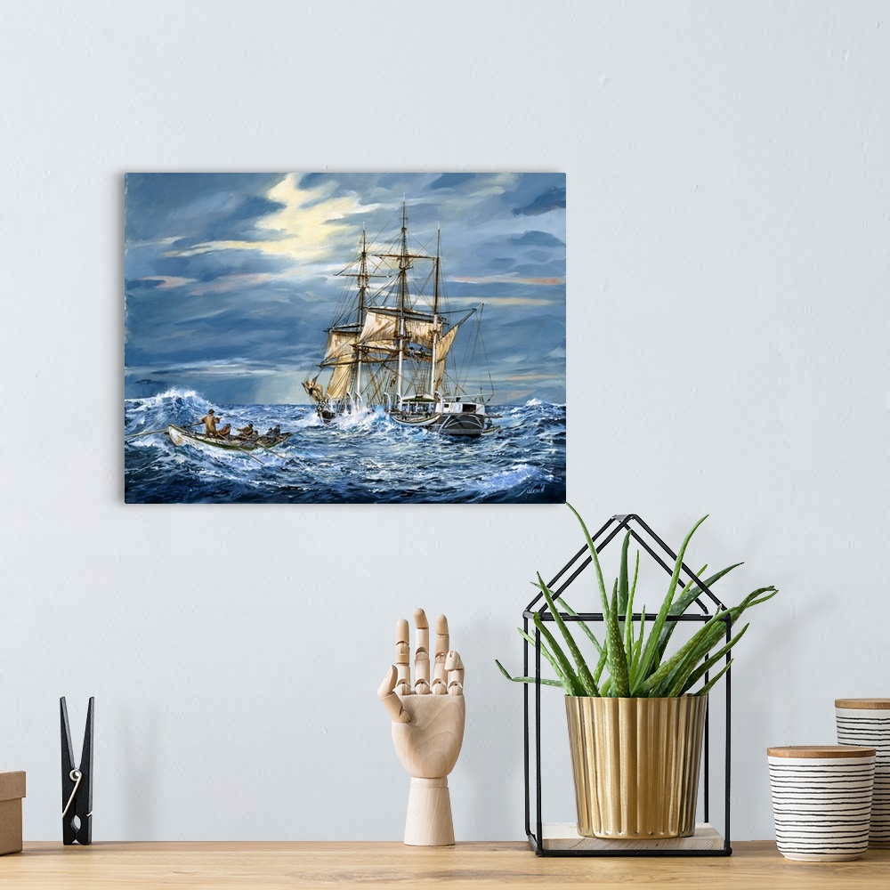 A bohemian room featuring Contemporary painting of an idyllic scene of a ship sailing the open waters.