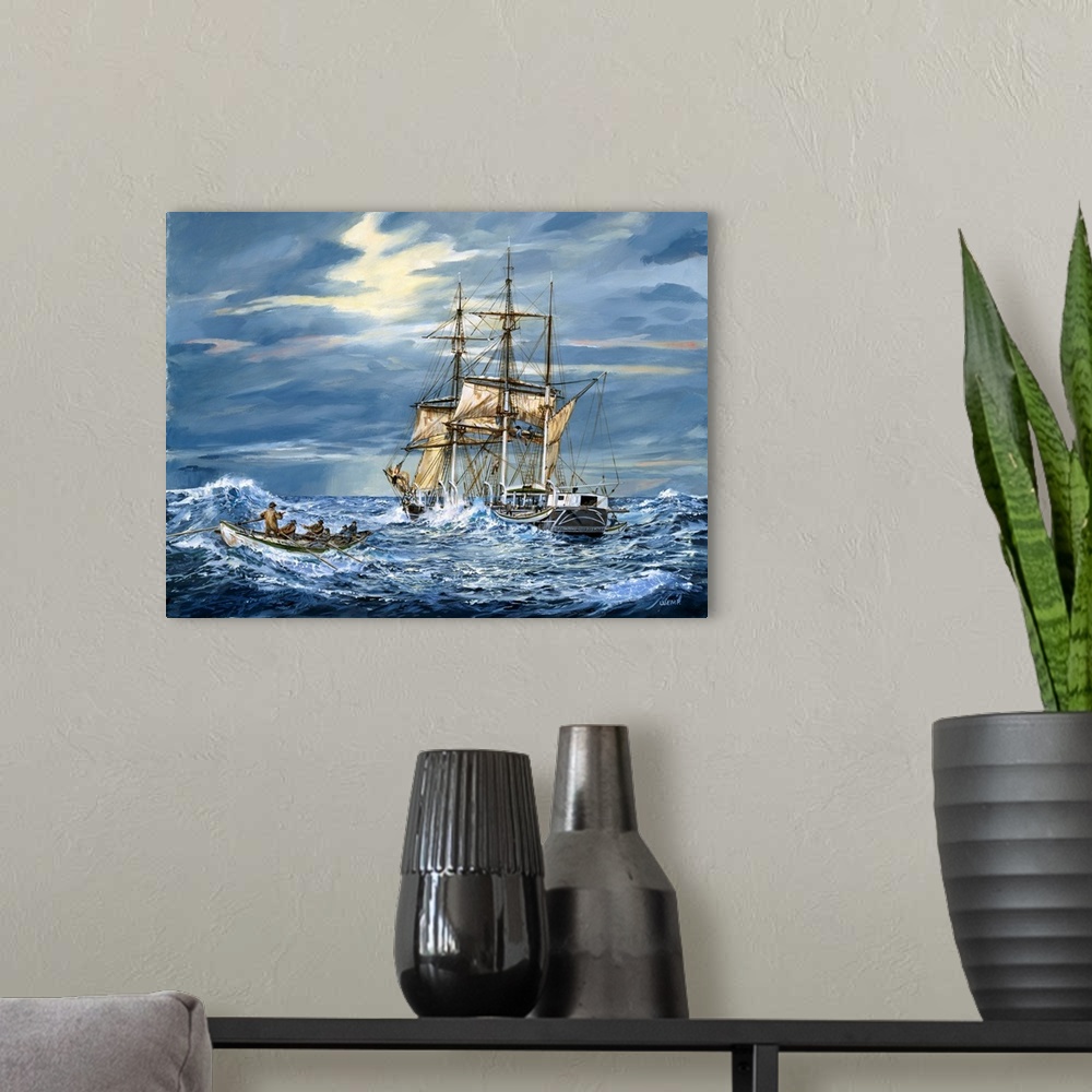 A modern room featuring Contemporary painting of an idyllic scene of a ship sailing the open waters.
