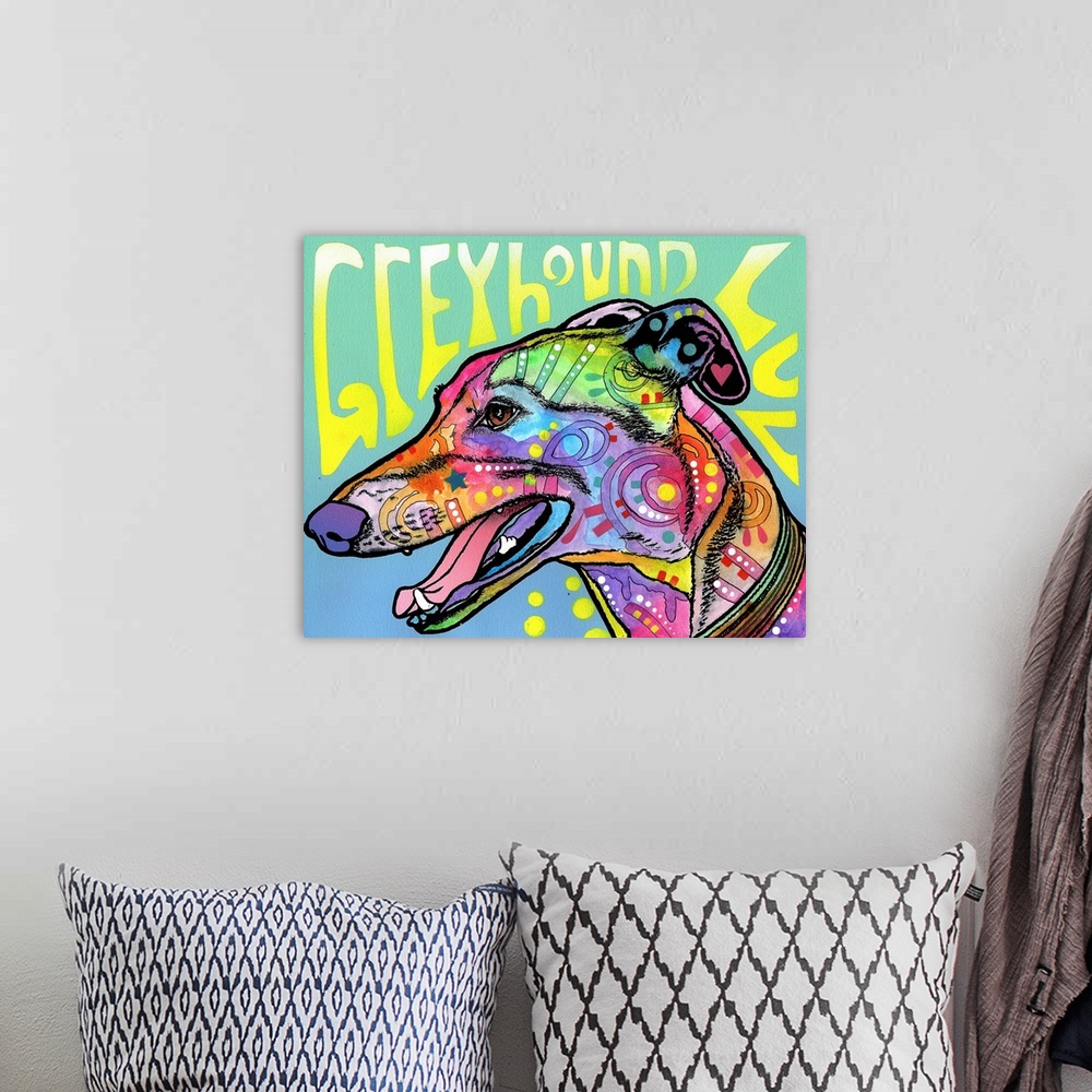 A bohemian room featuring Colorful painting of a Greyhound with graffiti-like designs on a green and blue background with "...