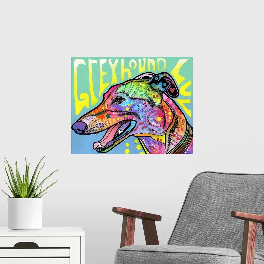 A modern room featuring Colorful painting of a Greyhound with graffiti-like designs on a green and blue background with "...
