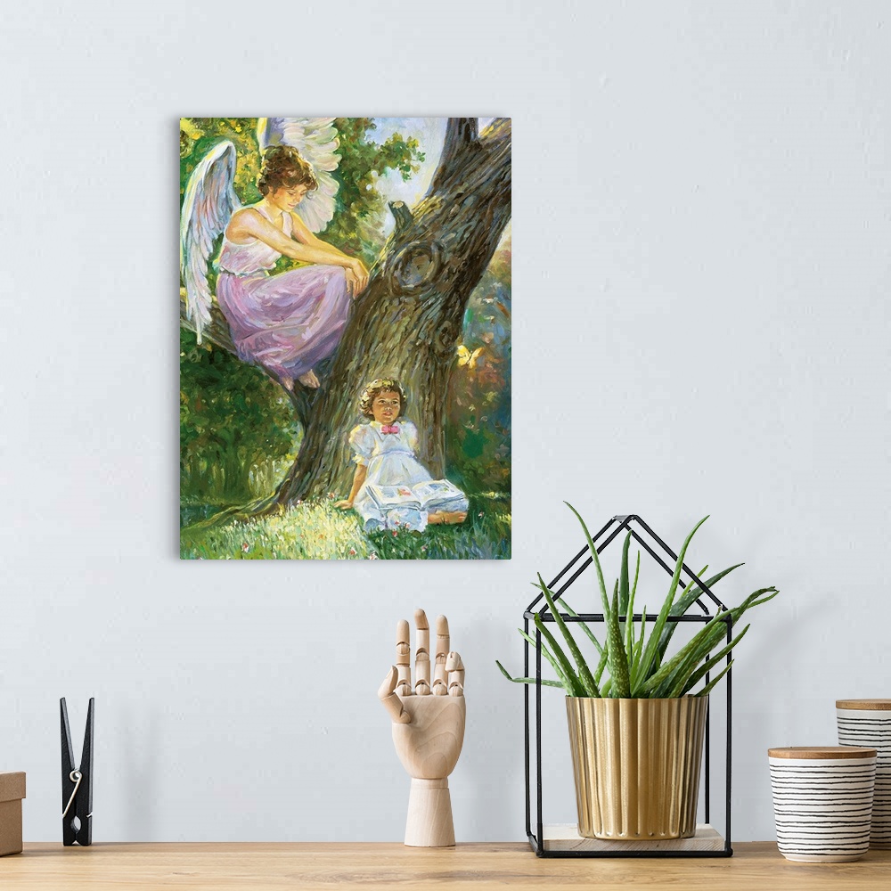A bohemian room featuring A guardian angel is sitting in a tree, looking after a little girl who is sitting on the ground, ...