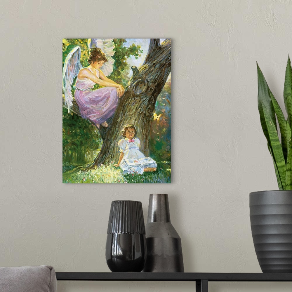 A modern room featuring A guardian angel is sitting in a tree, looking after a little girl who is sitting on the ground, ...