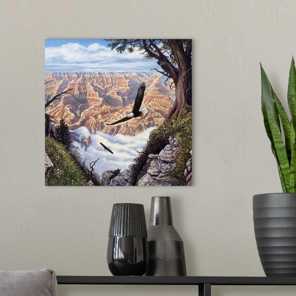 A modern room featuring Eagles flying over a canyon.