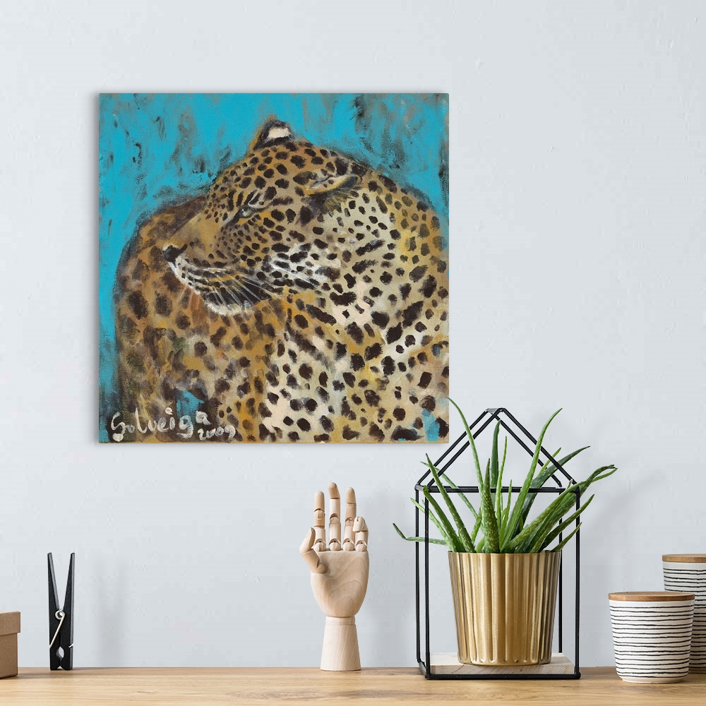 A bohemian room featuring Contemporary portrait of a wild leopard, with a fierce stare.