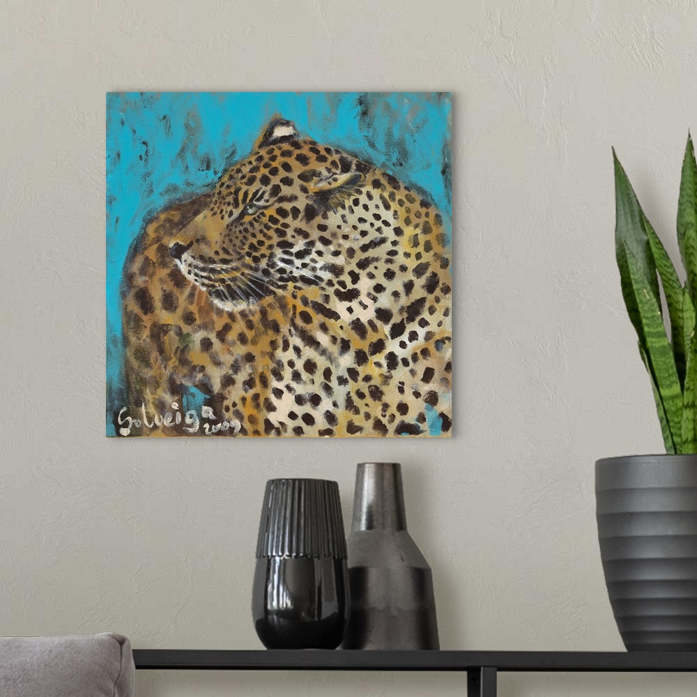A modern room featuring Contemporary portrait of a wild leopard, with a fierce stare.