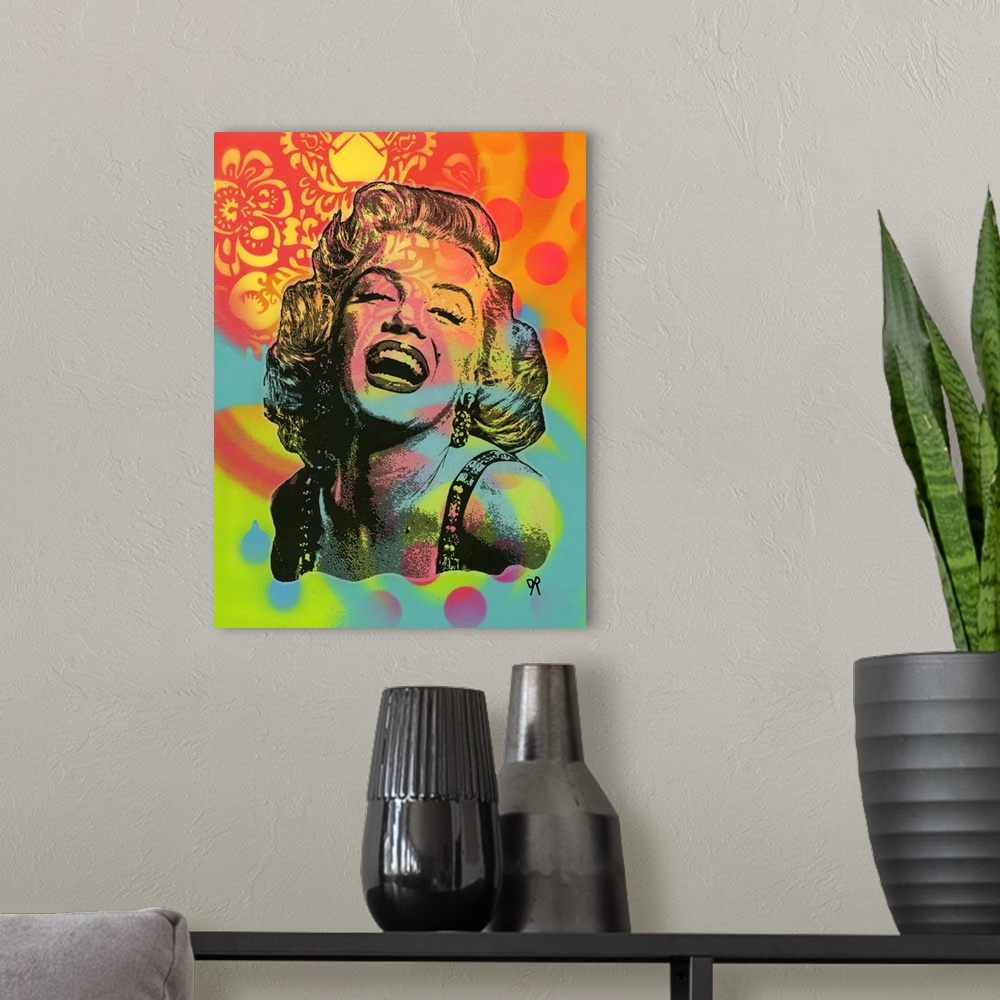 A modern room featuring Pop art style illustration of Marilyn Monroe with a playful and vibrant spray painted background.