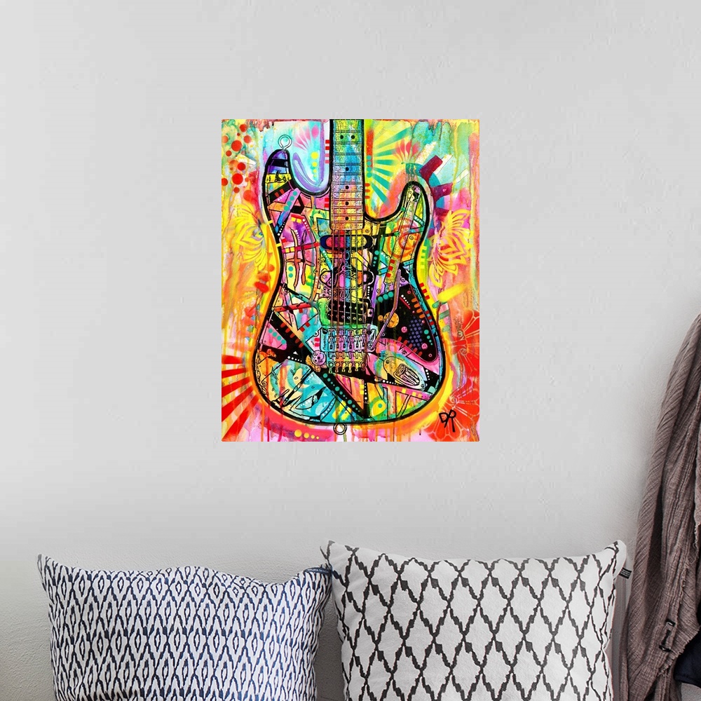 A bohemian room featuring Playful illustration of a guitar with colorful paint and designs all over.
