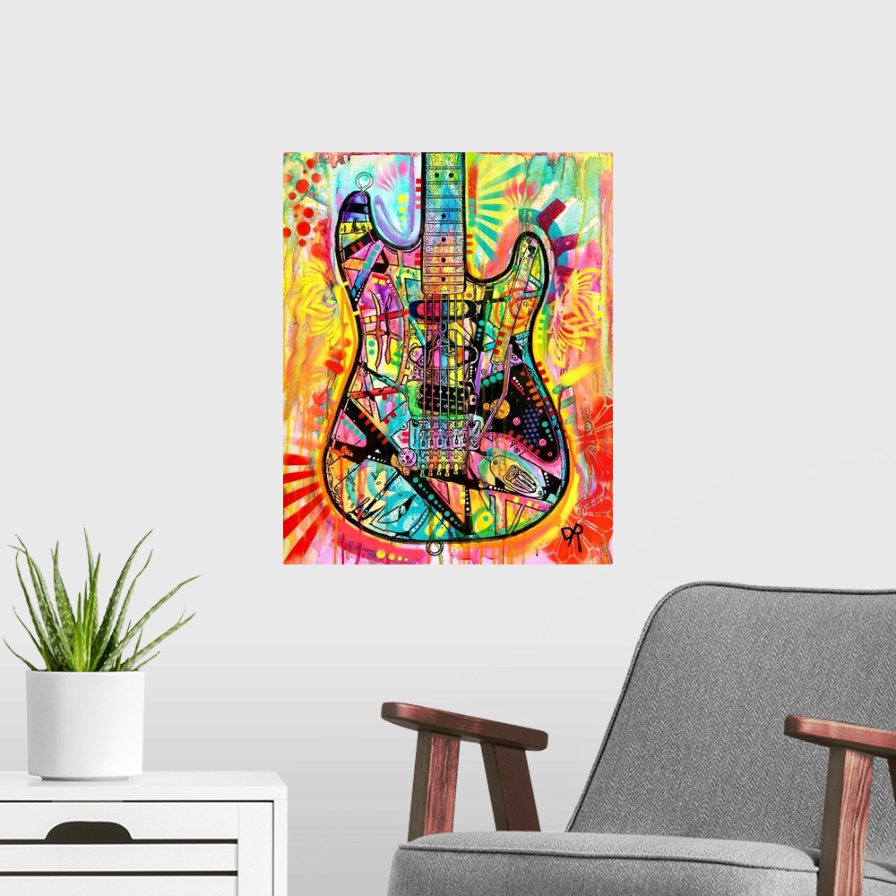 A modern room featuring Playful illustration of a guitar with colorful paint and designs all over.