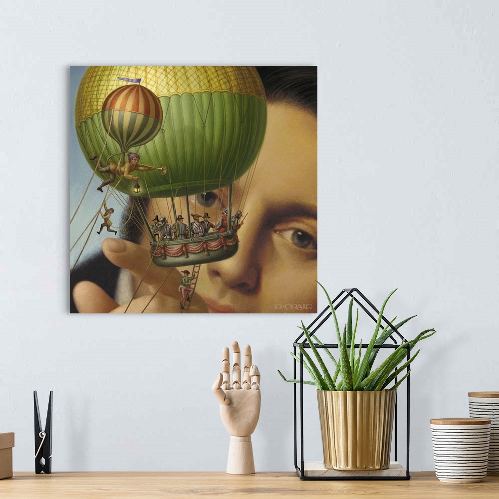 A bohemian room featuring Giant playing with a hot air balloon filled with people.