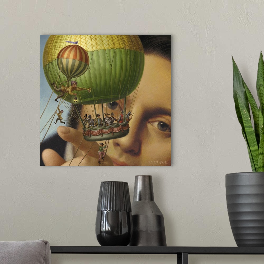 A modern room featuring Giant playing with a hot air balloon filled with people.