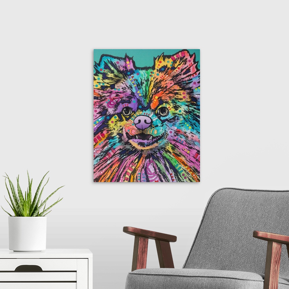 A modern room featuring Colorful painting of a Pomeranian with abstract designs on a teal background.
